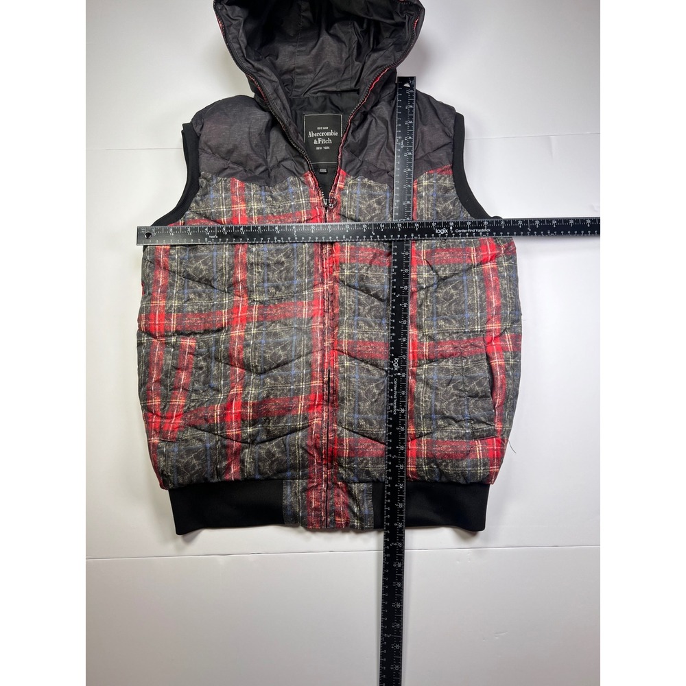 Abercrombie & Fitch Puffer Vest Men XXXXL Red Grey Plaid Hooded Full Zip Quilted - Picture 3 of 4
